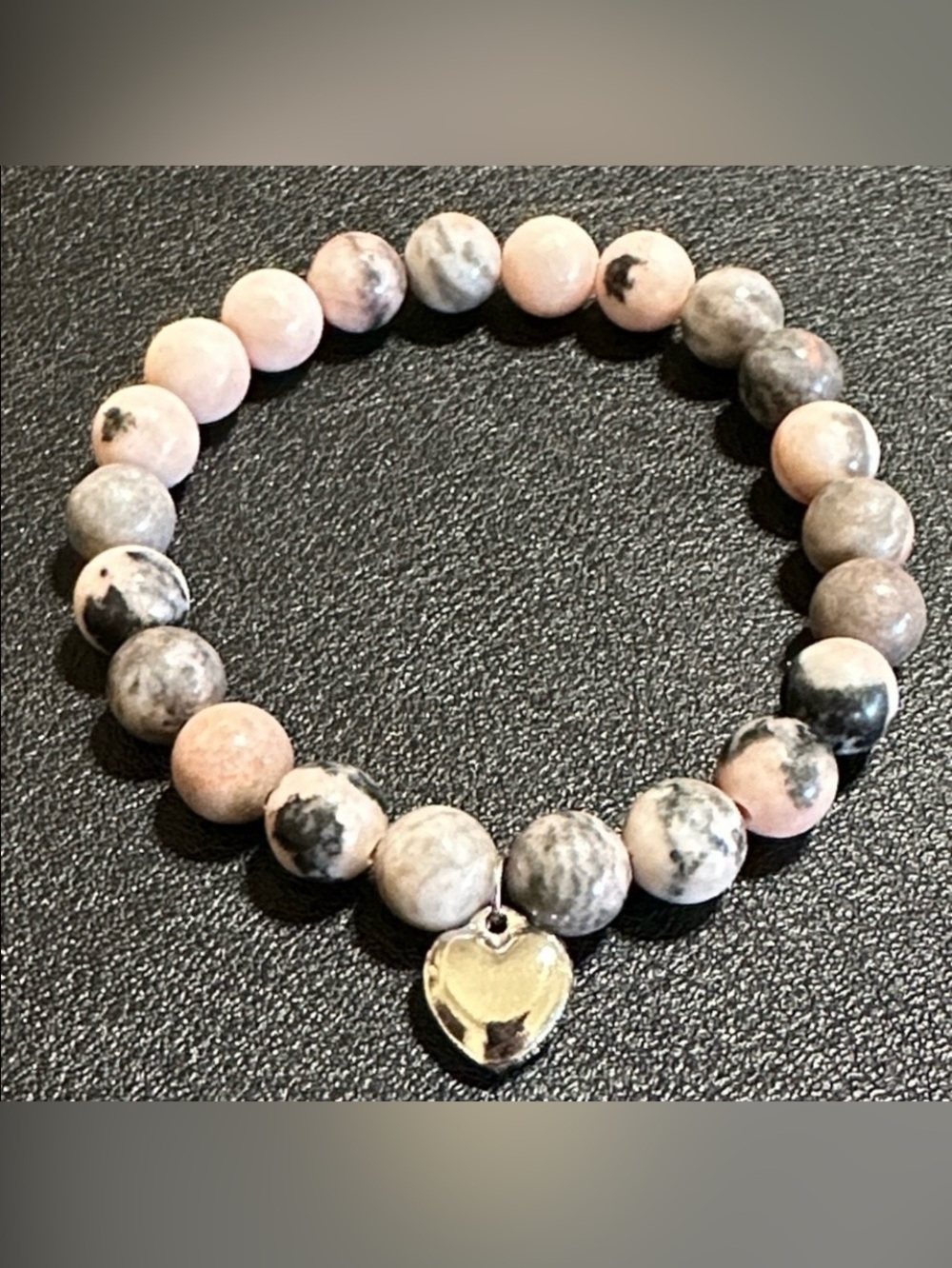 Pink Zebra Jasper Round Beaded Stretch Bracelet With Silver Heart Charm